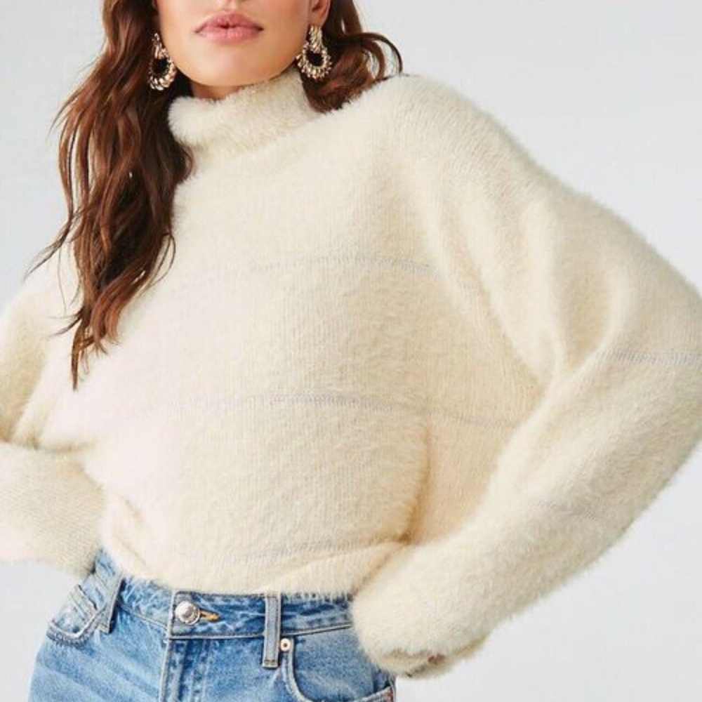 Fuzzy knit cream sweater turtleneck